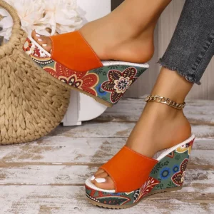 Floral Print Wedge Heel Sandals for Women Summer 2025 Ethnic Style Chunky Platform Slippers Woman Thick Bottom Peep Toe Slides - Image 3