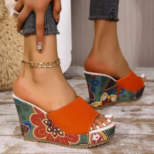 Floral Print Wedge Heel Sandals for Women Summer 2025 Ethnic Style Chunky Platform Slippers Woman Thick Bottom Peep Toe Slides - Image 4