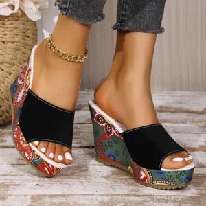 Floral Print Wedge Heel Sandals for Women Summer 2025 Ethnic Style Chunky Platform Slippers Woman Thick Bottom Peep Toe Slides - Image 6