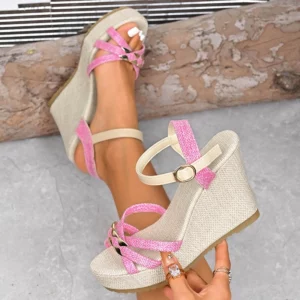 Women's Cross Band Metal Wedges Sandals Thick Sole Non Slip Ankle Strap Sandalias Plus Size Chunky Platform Gladiator Shoes - Image 1
