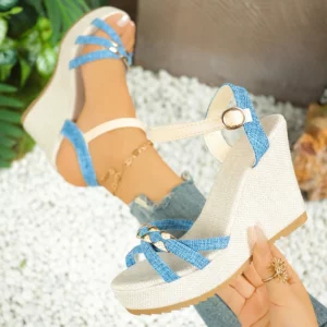 Women's Cross Band Metal Wedges Sandals Thick Sole Non Slip Ankle Strap Sandalias Plus Size Chunky Platform Gladiator Shoes - Image 2