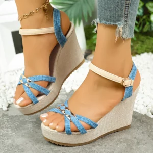 Women's Cross Band Metal Wedges Sandals Thick Sole Non Slip Ankle Strap Sandalias Plus Size Chunky Platform Gladiator Shoes - Image 6