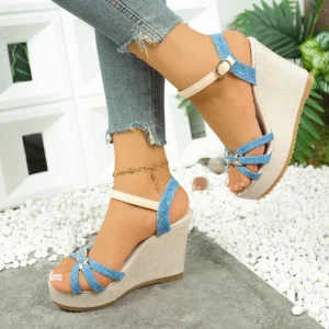 Women's Cross Band Metal Wedges Sandals Thick Sole Non Slip Ankle Strap Sandalias Plus Size Chunky Platform Gladiator Shoes - Image 5