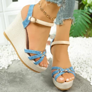 Women's Cross Band Metal Wedges Sandals Thick Sole Non Slip Ankle Strap Sandalias Plus Size Chunky Platform Gladiator Shoes - Image 4