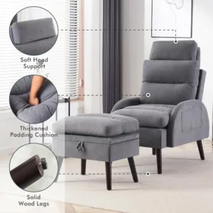 Accent Chair with Ottoman, Comfy Reading Chair with Ottoman Set, Morden Oversized Velvet Lounge Armchair and Ottoman Set - Image 6