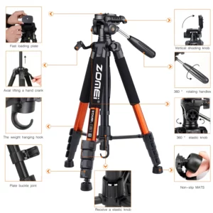 187cm/73.6in Tall Zomei Aluminum Alloy Portable Tripod for Camera DSLR Canon Nikon, 360 Degree Panorama Photography Phone Stand - Image 4