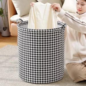 Laundry Basket with Handles,Houndstooth Blanket Storage Basket,Foldable Bedroom Hamper,Dirty Clothes Toys Hamper for Living Room - Image 7