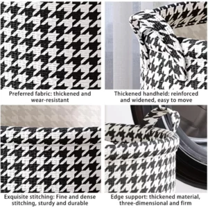 Laundry Basket with Handles,Houndstooth Blanket Storage Basket,Foldable Bedroom Hamper,Dirty Clothes Toys Hamper for Living Room - Image 6