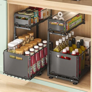 2 Tier Pull Out Cabinet Organizer Adjustable Kitchen Storage Rack Under Sink Organizer Spice Jar Storage Rack Slide Out Drawer - Image 2