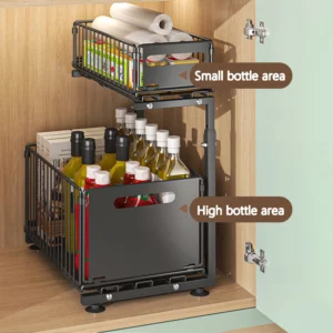 2 Tier Pull Out Cabinet Organizer Adjustable Kitchen Storage Rack Under Sink Organizer Spice Jar Storage Rack Slide Out Drawer - Image 4