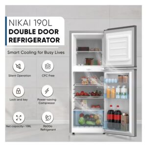 NIKAI 190L Gross / 138L Net, Double Door Refrigerator With Vegetable Crisper And Adjustable Glass Shelves, Convenient Defrosting And Temperature Control, Ideal For Kitchen, Bedroom, Office And Hotels NRF190DN4S Grey 270 kW NRF190DN4S Grey - Image 6