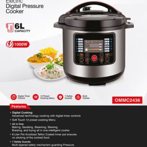 Olsenmark Electric Digital Pressure Cooker steamer OMMC2436, 6L capacity with 1000W Power, Multi-Function Cooking, Digital Timer Control, Non-Stick Inner Pot, Stainless Steel Body, One Touch Cooking, 24-Hours keep Warm 6 L 1000 W OMMC2436 Multicolour - Image 2