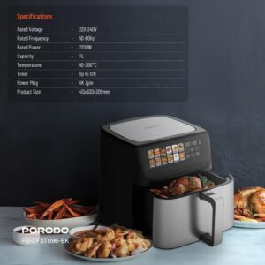 Digital Dual Heating Air Fryer, Rapid Air Technology, Large 11L Capacity, 2200w Power, 12H Timer, Non-stick Frying Pot Tray, Auto Shut-Off, LED Touch Display, 12 Presets, Crisp, Air Roast etc. - Image 3