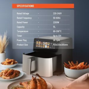 Digital Dual Heating Air Fryer, Rapid Air Technology, Large 11L Capacity, 2200w Power, 12H Timer, Non-stick Frying Pot Tray, Auto Shut-Off, LED Touch Display, 12 Presets, Crisp, Air Roast etc. - Image 4