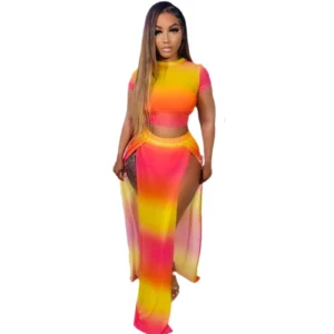 Sexy Women's Set Printed Short Sleeved Gradient Contrasting Slit Long Skirt Two-piece Set for Summer 2025 - Image 2