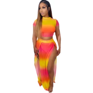 Sexy Women's Set Printed Short Sleeved Gradient Contrasting Slit Long Skirt Two-piece Set for Summer 2025 - Image 3