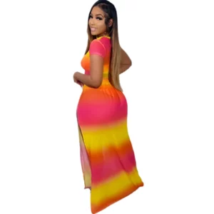 Sexy Women's Set Printed Short Sleeved Gradient Contrasting Slit Long Skirt Two-piece Set for Summer 2025 - Image 4