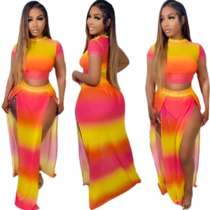 Sexy Women's Set Printed Short Sleeved Gradient Contrasting Slit Long Skirt Two-piece Set for Summer 2025 - Image 5