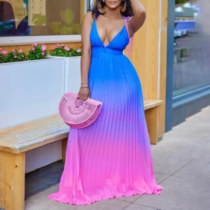 Summer 2023 Sexy African Women Sleeveles V-neck Spaghetti Strap Blue Orange Polyester Long Dress African Dresses for Women - Image 3