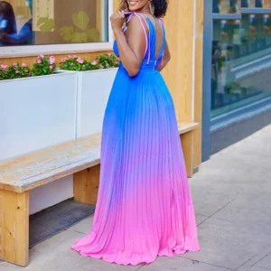 Summer 2023 Sexy African Women Sleeveles V-neck Spaghetti Strap Blue Orange Polyester Long Dress African Dresses for Women - Image 4