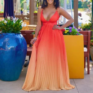 Summer 2023 Sexy African Women Sleeveles V-neck Spaghetti Strap Blue Orange Polyester Long Dress African Dresses for Women - Image 5