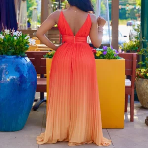Summer 2023 Sexy African Women Sleeveles V-neck Spaghetti Strap Blue Orange Polyester Long Dress African Dresses for Women - Image 6