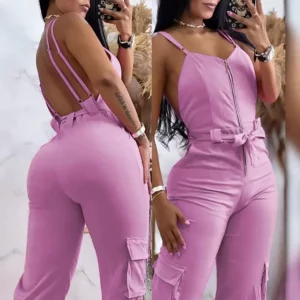 Zipper Pocket Design Backless Cuffed Jumpsuit Solid Color Women Sleeveless Jumpsuits Pants - Image 2