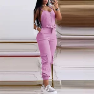 Zipper Pocket Design Backless Cuffed Jumpsuit Solid Color Women Sleeveless Jumpsuits Pants - Image 3