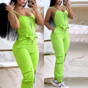 Zipper Pocket Design Backless Cuffed Jumpsuit Solid Color Women Sleeveless Jumpsuits Pants - Image 4