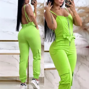 Zipper Pocket Design Backless Cuffed Jumpsuit Solid Color Women Sleeveless Jumpsuits Pants - Image 5