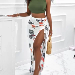 Fashion 2023 Spring Street Fashion Women's Two Piece Print Sleeveless Tank Top Sexy Split Half Dress Fashion Dress Set - Image 5