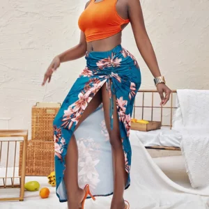 Fashion 2023 Spring Street Fashion Women's Two Piece Print Sleeveless Tank Top Sexy Split Half Dress Fashion Dress Set - Image 3