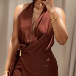 Holiday Sleeveless Party Mini Dress for Women 2025 Summer New Women's Fashion Simple Gold Inlay Hanging Neck Collar Short Dress - Image 1