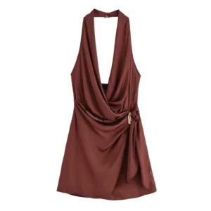 Holiday Sleeveless Party Mini Dress for Women 2025 Summer New Women's Fashion Simple Gold Inlay Hanging Neck Collar Short Dress - Image 2