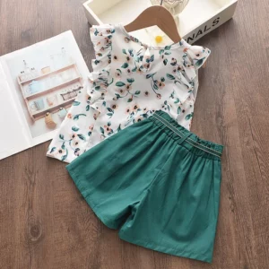 Bear Leader Kids Girl Clothes 2022 Fashion Sling Flower Bow Baby Girls Shirt + Stripe Shorts 2pcs Suit Children Clothing Sets - Image 3