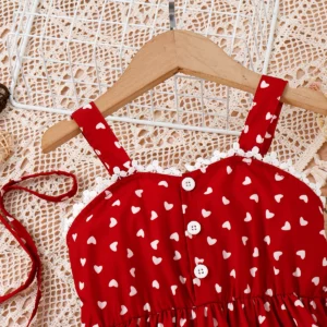 2PCS Summer 4-7 Baby Girls Soft And Comfortable Cool Simple Beautiful American Pastoral Red Love Lace Lace Dress + Crossbody Bag - Image 7