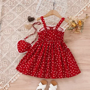 2PCS Summer 4-7 Baby Girls Soft And Comfortable Cool Simple Beautiful American Pastoral Red Love Lace Lace Dress + Crossbody Bag - Image 4