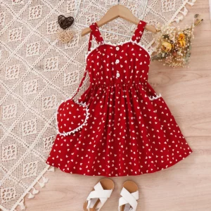 2PCS Summer 4-7 Baby Girls Soft And Comfortable Cool Simple Beautiful American Pastoral Red Love Lace Lace Dress + Crossbody Bag - Image 3