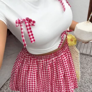 Plus size vacation spring and summer Spice Girls Plaid Butterfly Knot Short Sleeve Pod Skirt Slim Set Fashion - Image 6