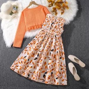 Children Casual Vacation Suits Orange Long-Sleeved Top & Printed Dress Stylish Girls Suits Vacation Holiday Clothes Kids Outfits - Image 4