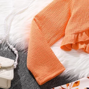Children Casual Vacation Suits Orange Long-Sleeved Top & Printed Dress Stylish Girls Suits Vacation Holiday Clothes Kids Outfits - Image 5
