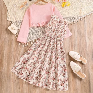 Children Casual Vacation Suits Orange Long-Sleeved Top & Printed Dress Stylish Girls Suits Vacation Holiday Clothes Kids Outfits - Image 6