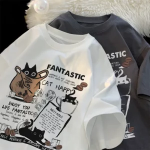 New Men Women T Shirt Pullover Oversize Korean version Cartoon Cat Group Printed T-Shirt Casual Short Sleeve Couples T-Shirt - Image 6