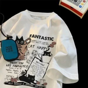 New Men Women T Shirt Pullover Oversize Korean version Cartoon Cat Group Printed T-Shirt Casual Short Sleeve Couples T-Shirt - Image 5