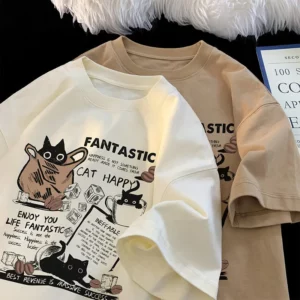 New Men Women T Shirt Pullover Oversize Korean version Cartoon Cat Group Printed T-Shirt Casual Short Sleeve Couples T-Shirt - Image 3