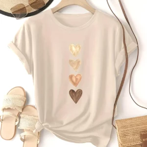 Women's Casual Short Sleeve T-Shirt with Four Heart Graphic Print - Black & Golden Medium Stretch Round Neck Novelty T-Shirt - Image 3