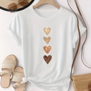 Women's Casual Short Sleeve T-Shirt with Four Heart Graphic Print - Black & Golden Medium Stretch Round Neck Novelty T-Shirt - Image 4