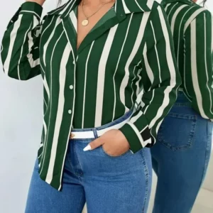 Plus Size Women Shirt 2025 New Women's Striped Printed Temperament Commuter Shirt Slim Women's Shirt Long Sleeve Streetwear Tops - Image 2