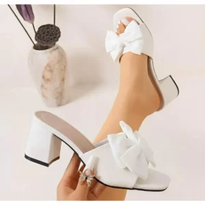 Fashionable Bow Elegant Sexy High Heel Slippers in Summer New Round Toe Thick Heel Comfortable Open-toe Casual Slippers - Image 6