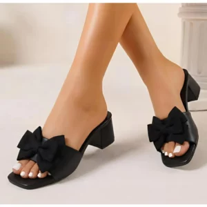 Fashionable Bow Elegant Sexy High Heel Slippers in Summer New Round Toe Thick Heel Comfortable Open-toe Casual Slippers - Image 5